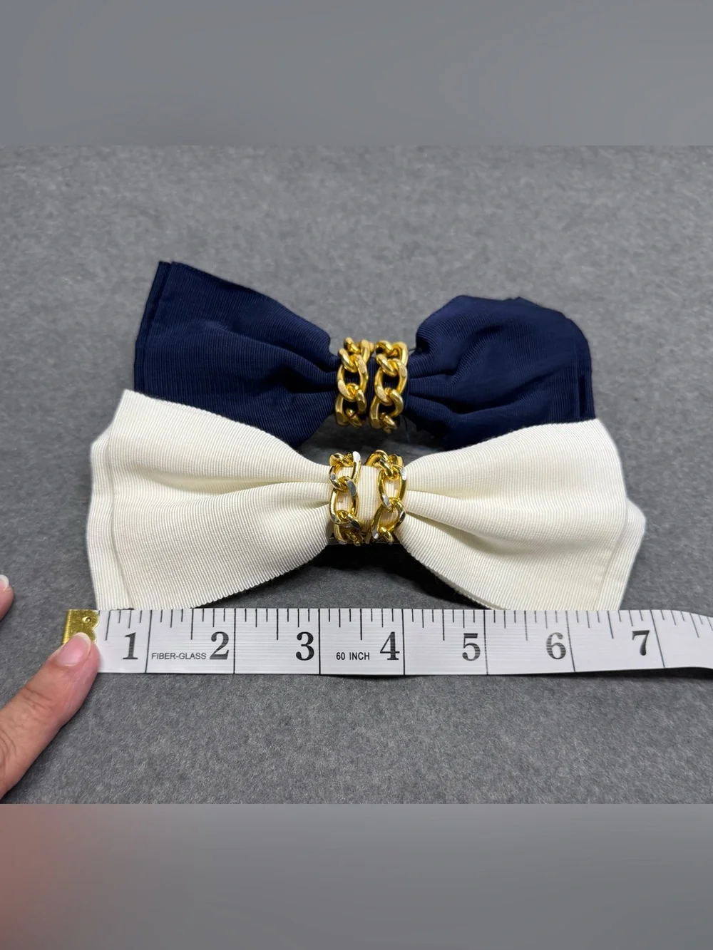 Bow Hair Clips Made In France Ivory Navy Blue Gold Tone Chain- Set Of 2